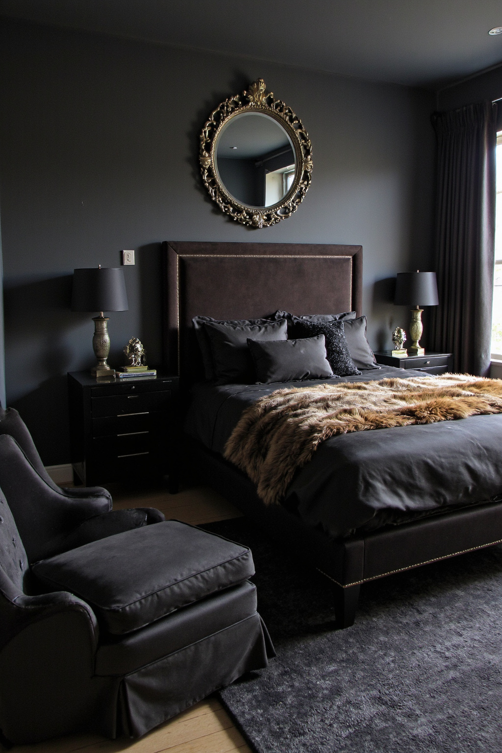 luxurious gray bedroom with gold accents and plush textures