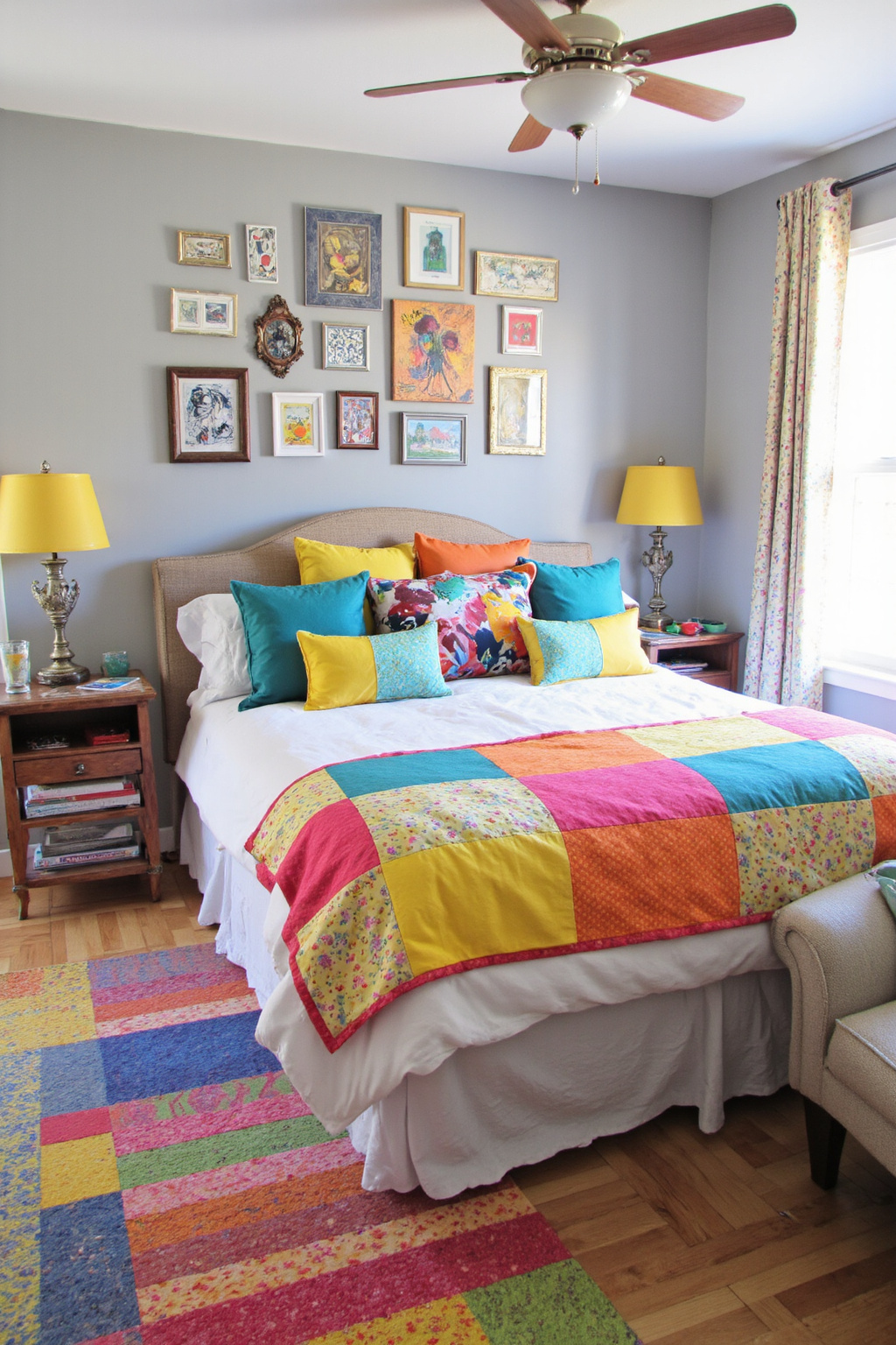 gray bedroom with colorful accents and gallery wall