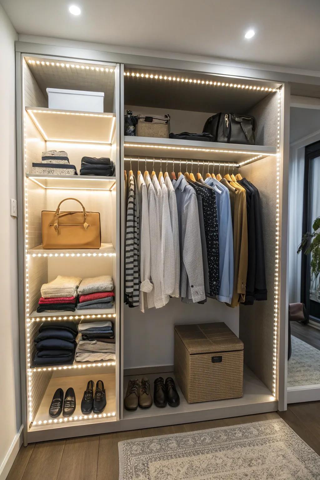 Lighting transforms a closet from dark to dazzling.