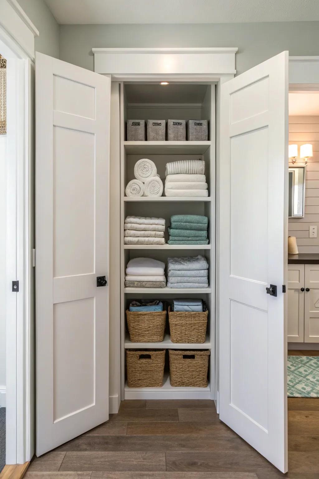 Folding doors maximize space efficiency in a small linen closet.
