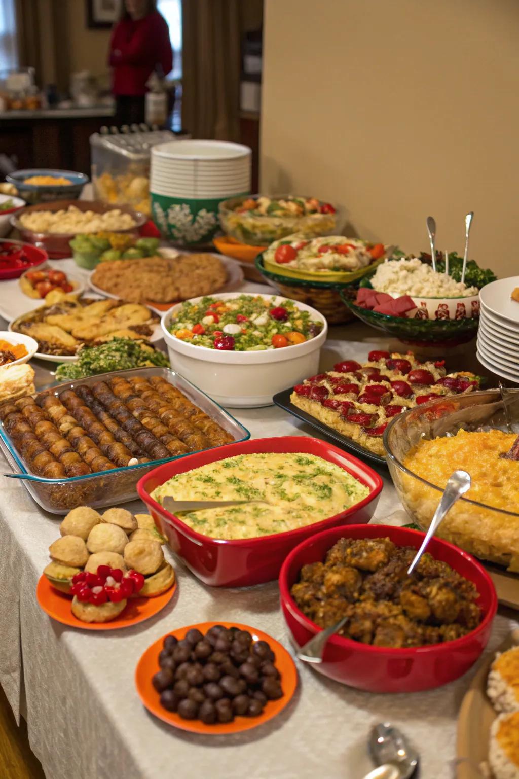 A vibrant holiday feast featuring a variety of dishes brought by guests.