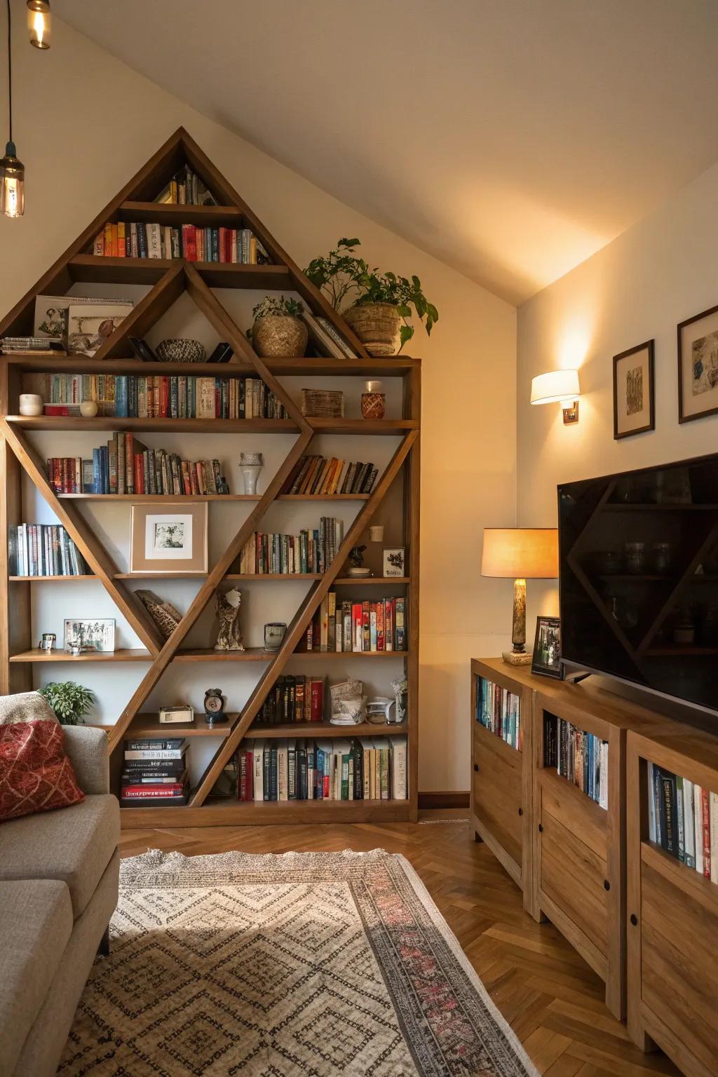 Asymmetrical shelves bring dynamic energy to any room.