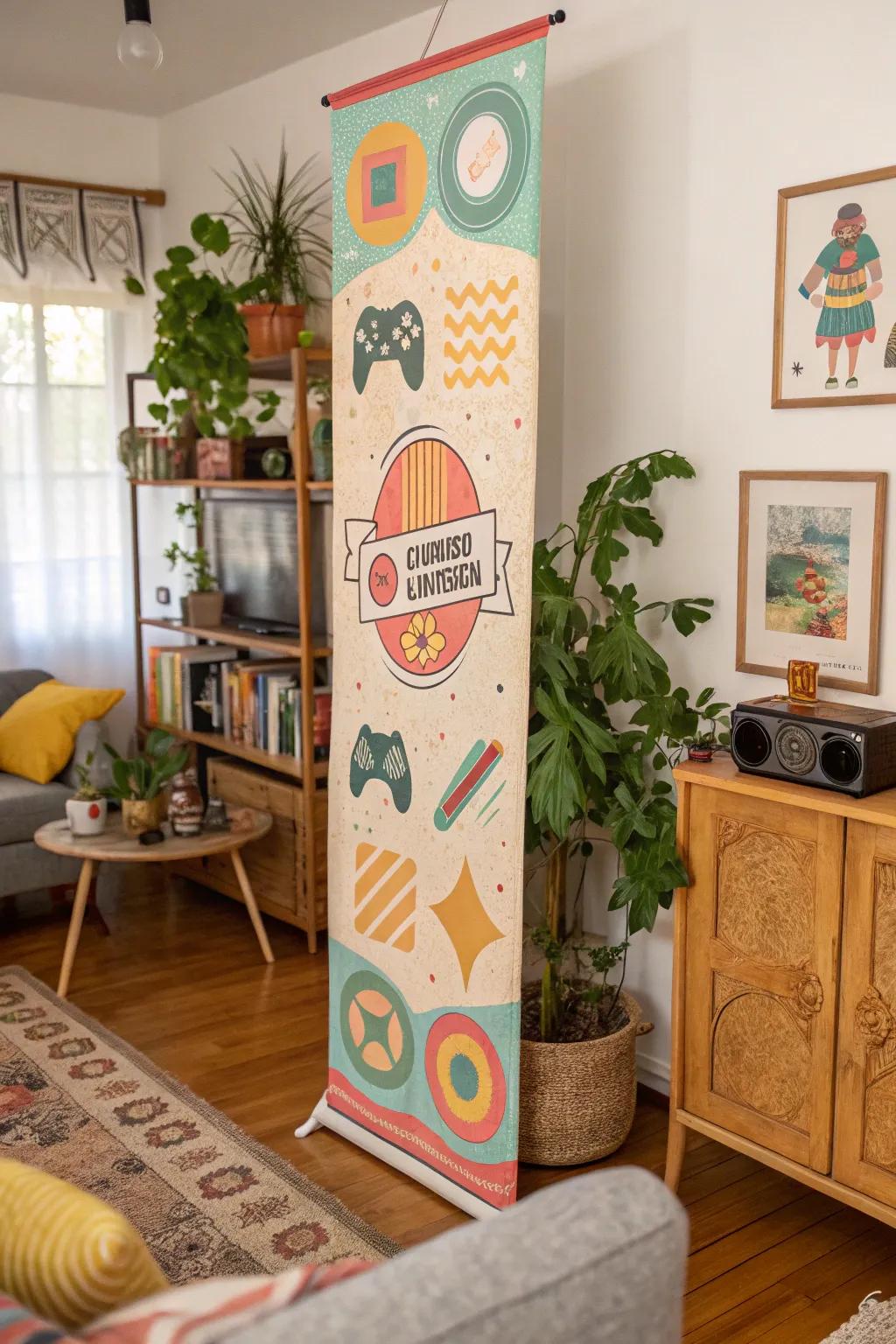 Vertical banner featuring retro graphics energizes a vibrant living area.