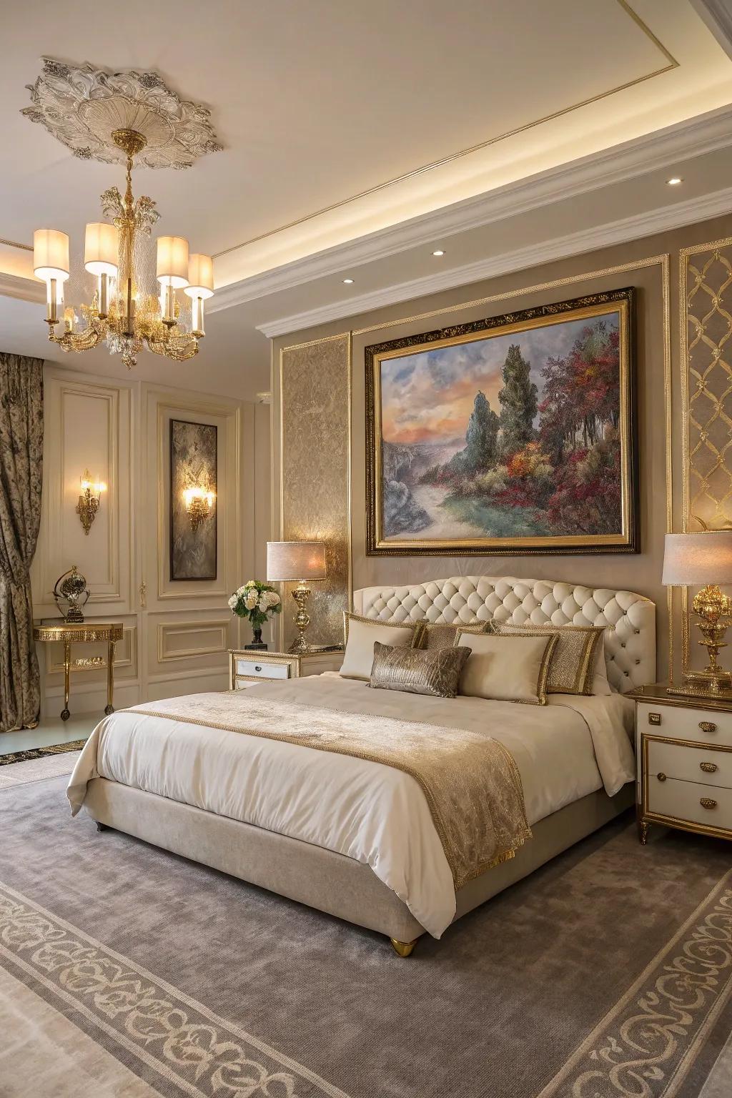 Luxurious bedroom featuring a captivating piece of artwork as the centerpiece.