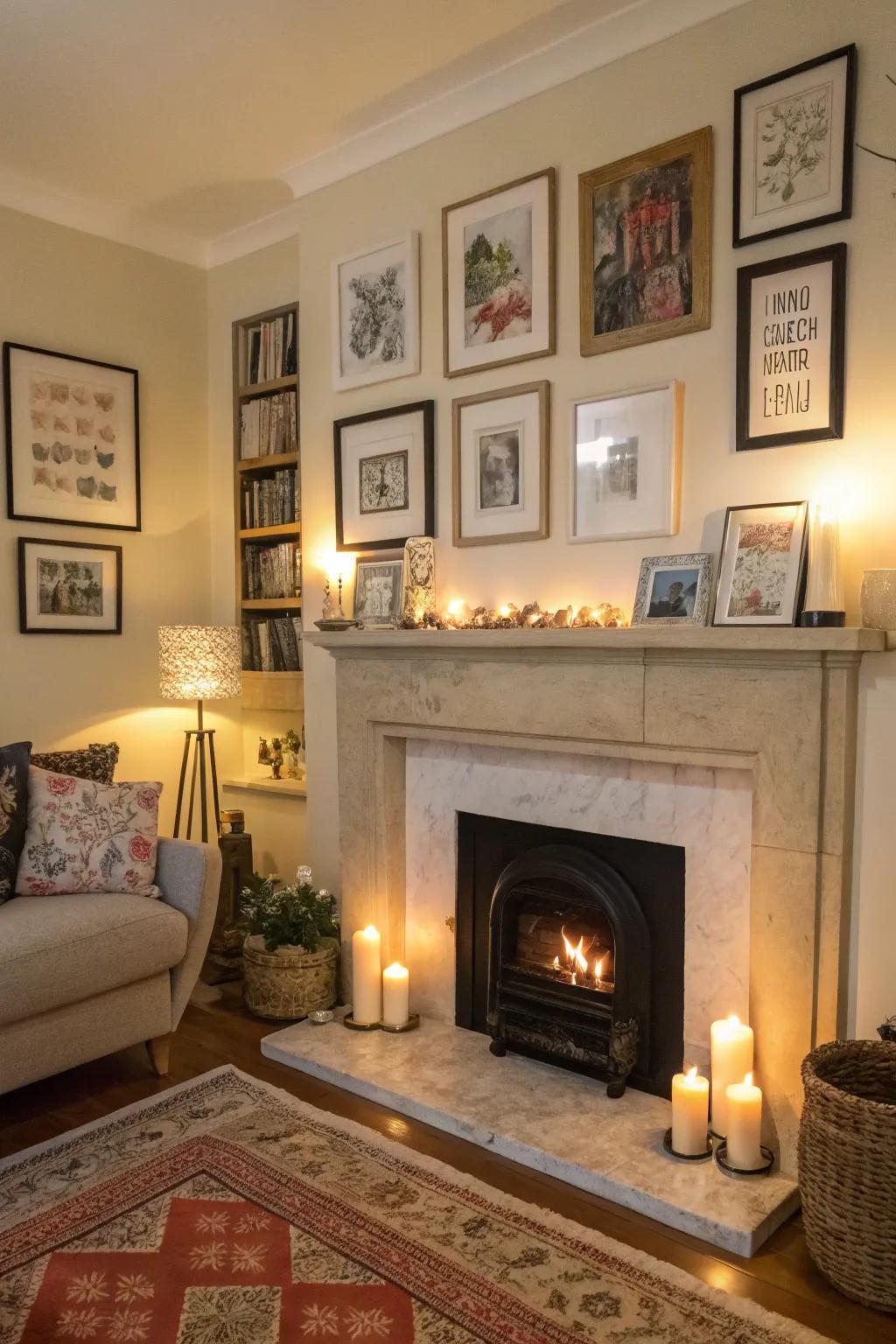 A curated art display above the fireplace adds personality and style.