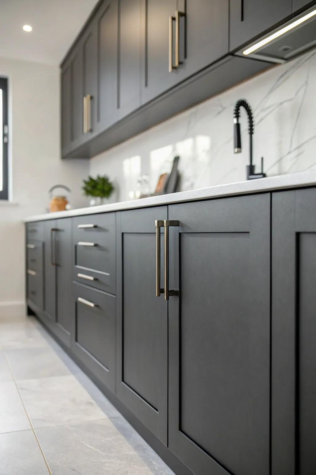 Minimalist kitchen featuring dark gray cabinets for a tranquil and streamlined look.