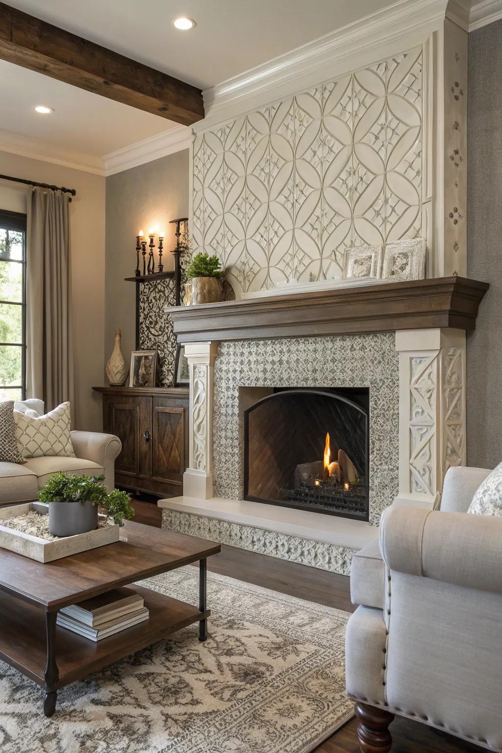 Elegant depth created by textured tiles on a fireplace.