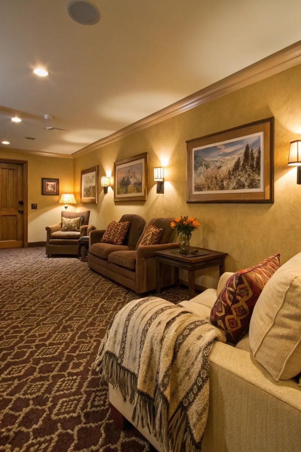 Warm-toned carpets create a cozy atmosphere.