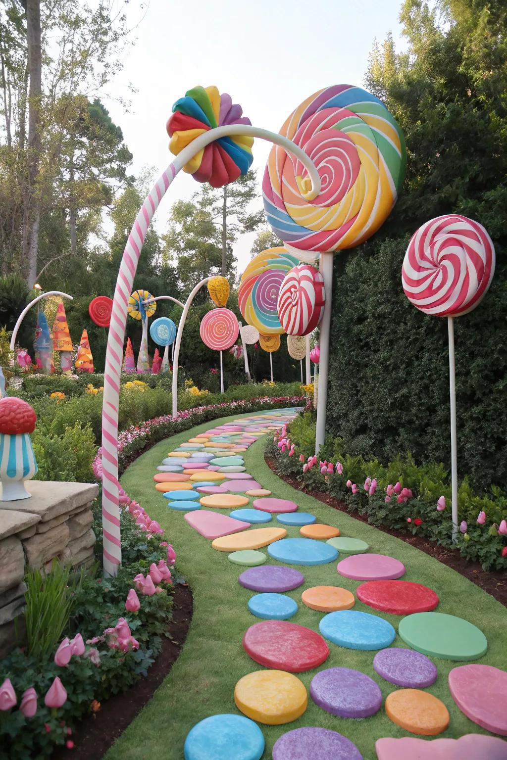 A colorful trail of oversized lollipops leading through a candy-themed garden.