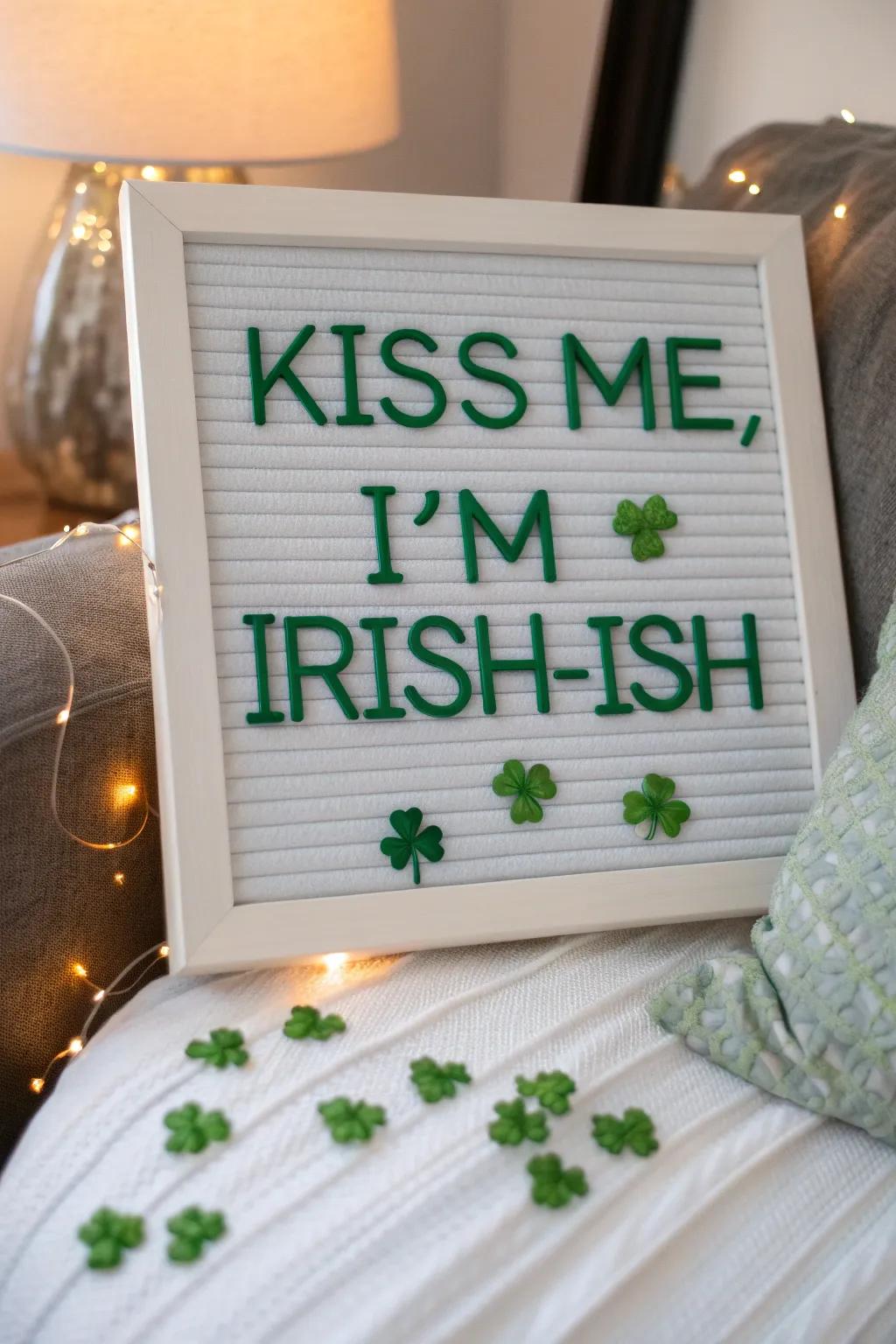 A fun letter board showcasing the playful'Irish-ish' spirit for St. Patrick's Day.