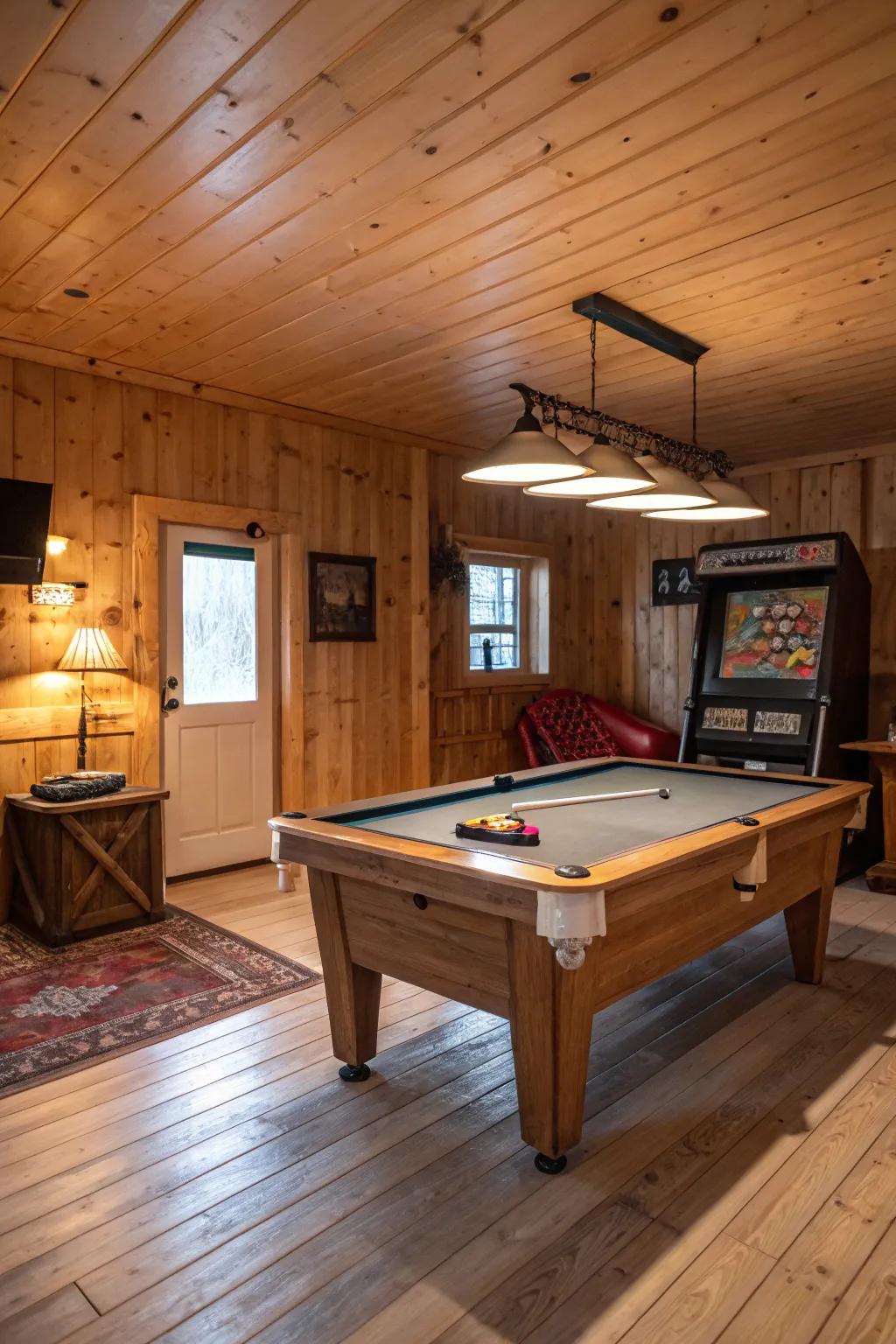 Rustic man cave featuring a central pool table in the entertainment area.