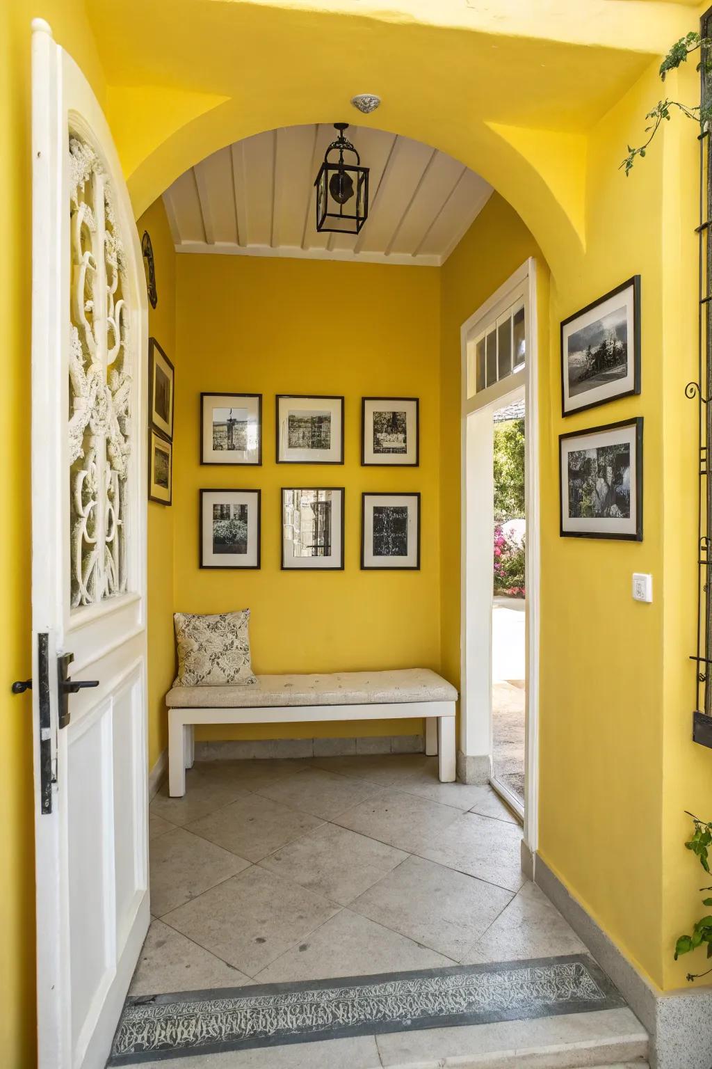 Bright yellow entryway radiating warmth.