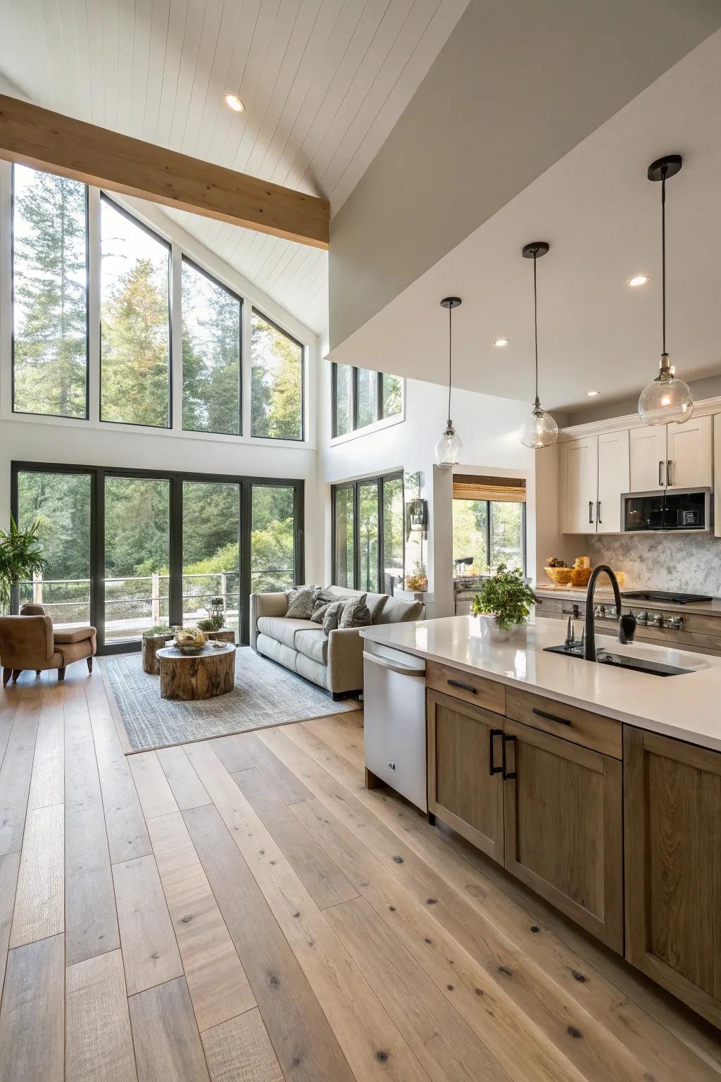 Continuous wood flooring unifies open concept spaces.