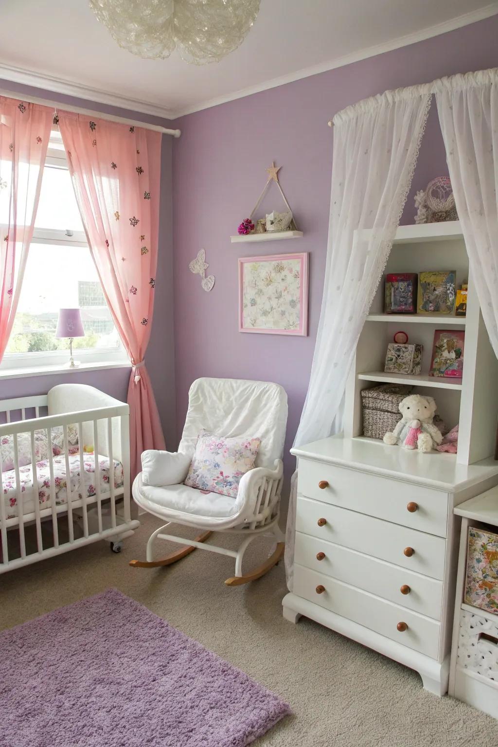 A dreamy nursery with tranquil lavender tones.