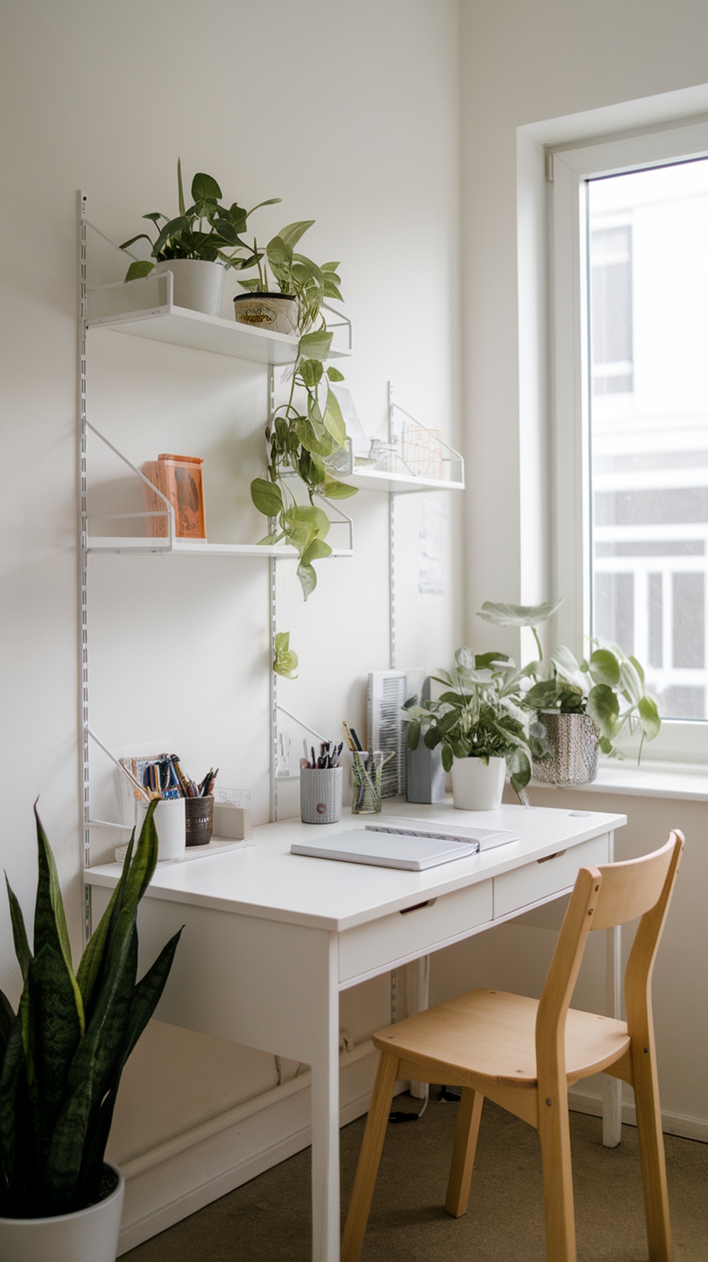 A minimalist workspace featuring a white desk, wooden chair, and plants on shelves.
