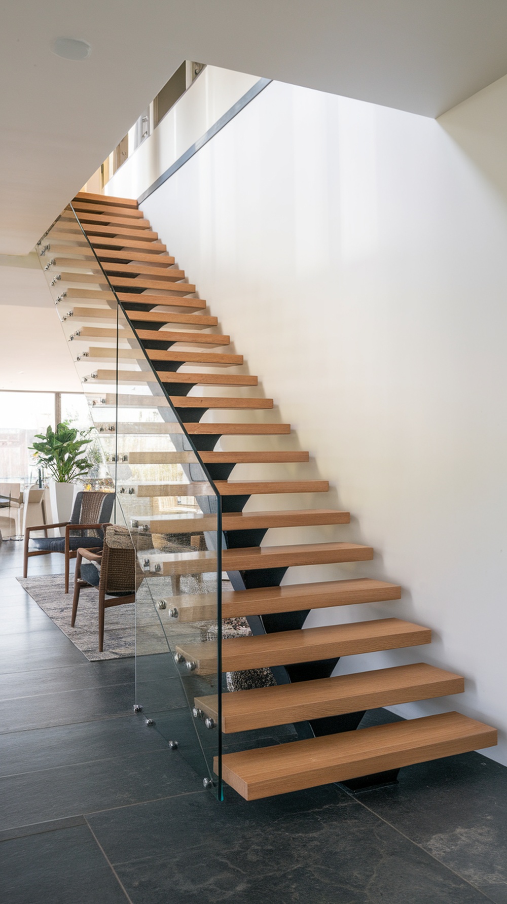 A modern floating staircase with wooden steps and glass railings, featuring a spacious and bright interior