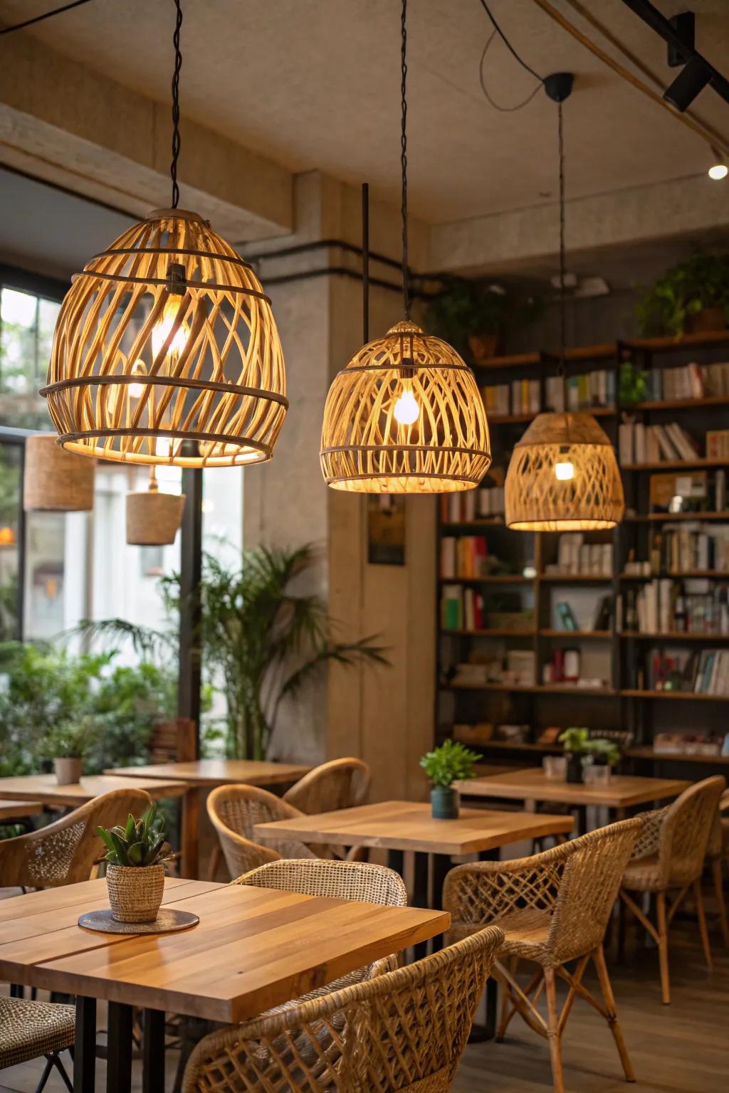 Cafe lighting featuring bamboo and rattan fixtures for a natural aesthetic.
