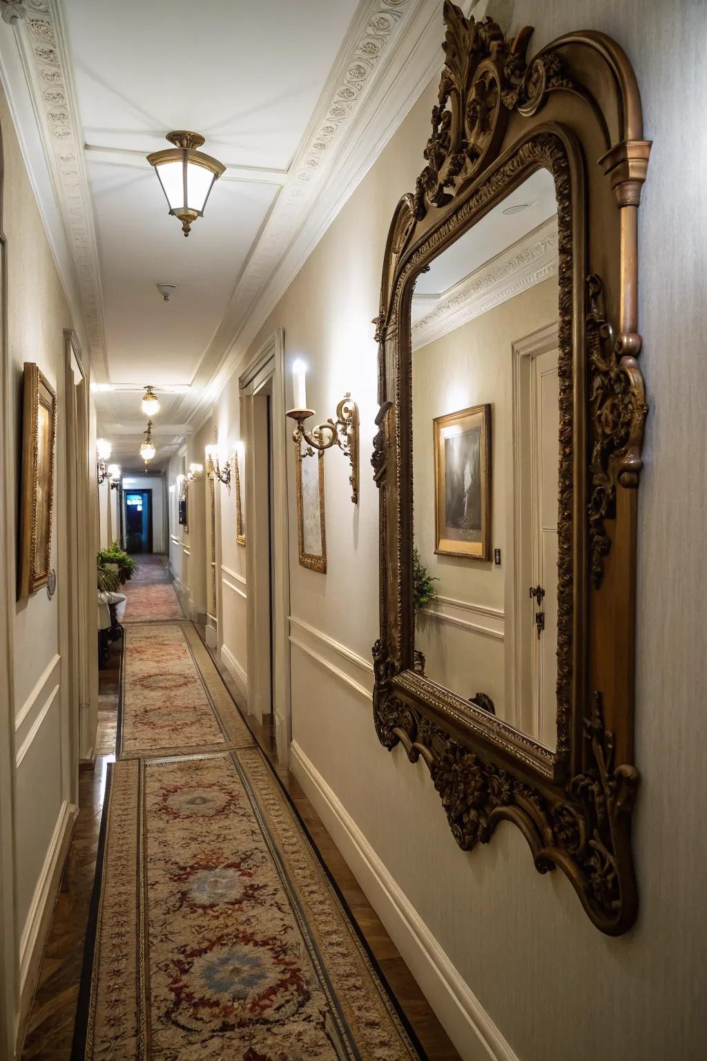 Vintage mirrors bring nostalgic elegance to hallways.
