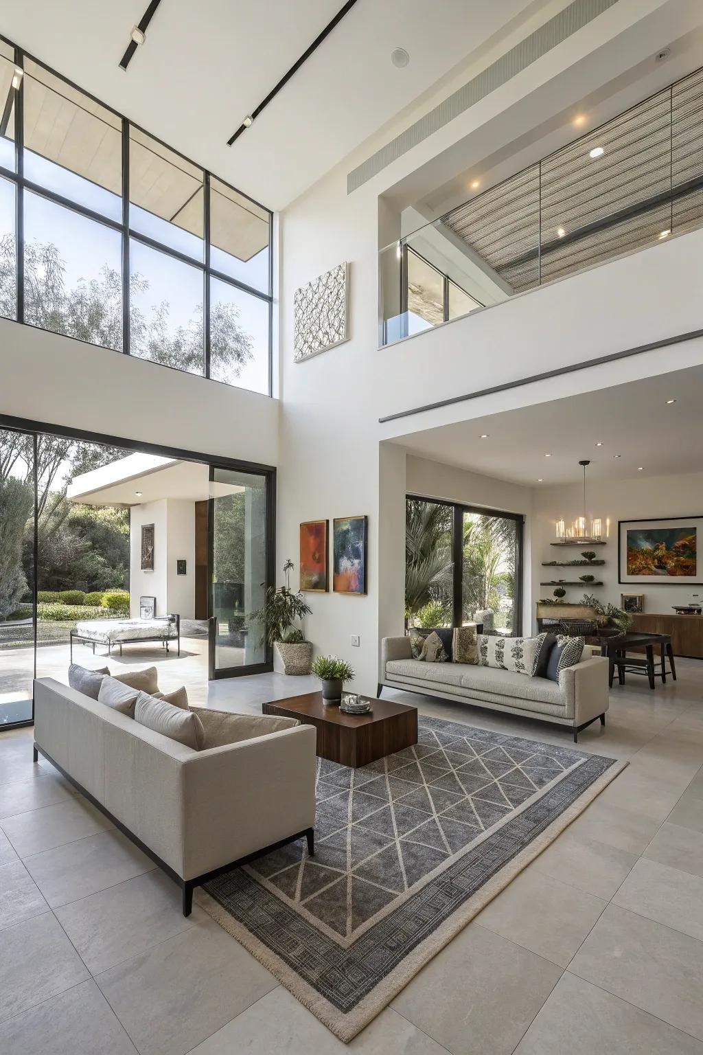 Contemporary room featuring open layout and geometric decor.