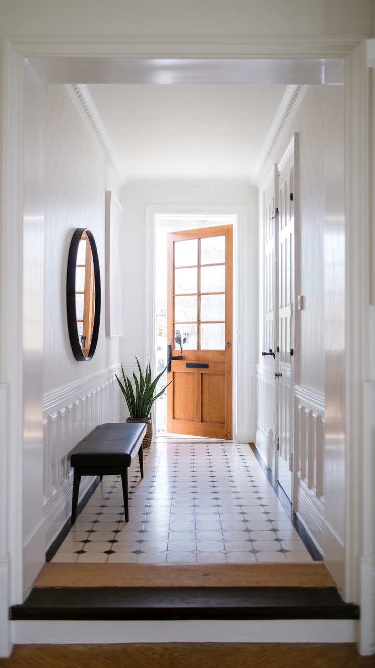 Modern minimalist entryway featuring a wooden door, a stylish bench, a round mirror, and a potted plant.