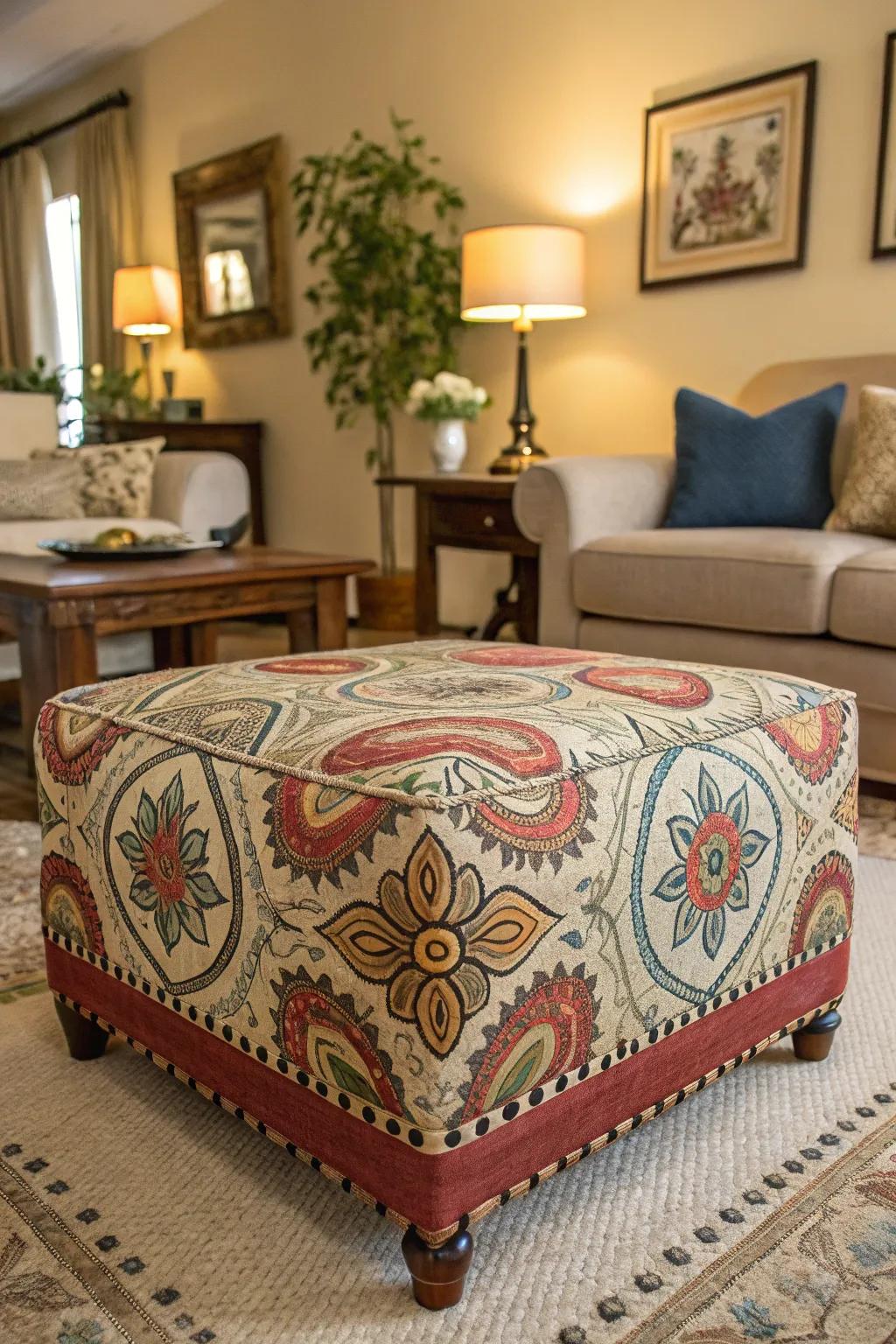 A striking ottoman featuring a distinctive artistic pattern as a centerpiece.