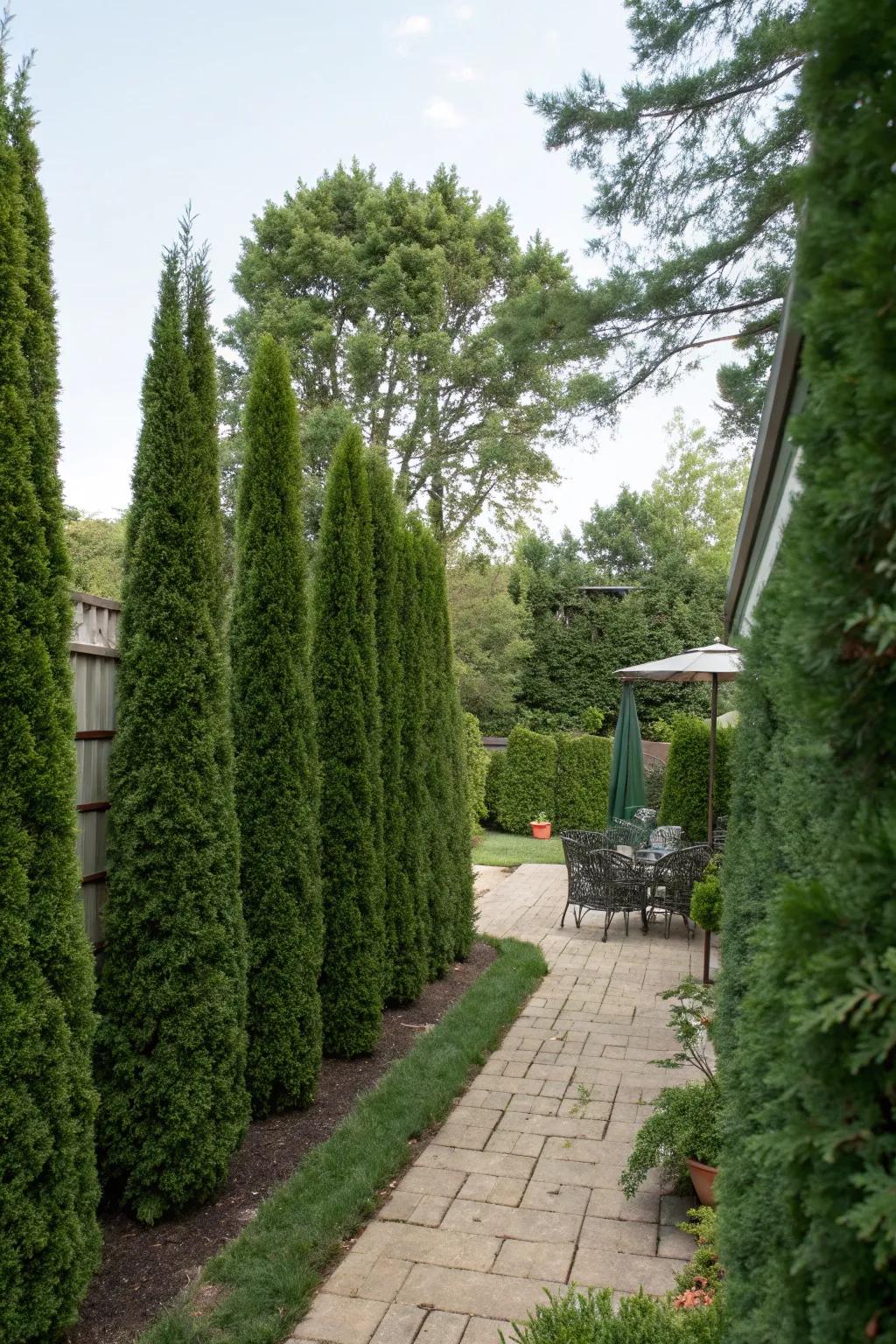 Evergreen hedges forming a natural privacy barrier.