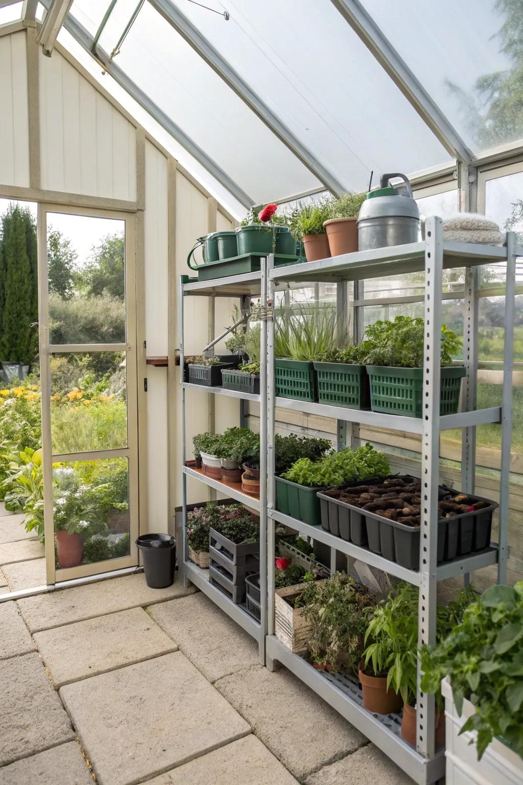 Efficient nested shelving for adaptable plant arrangements.