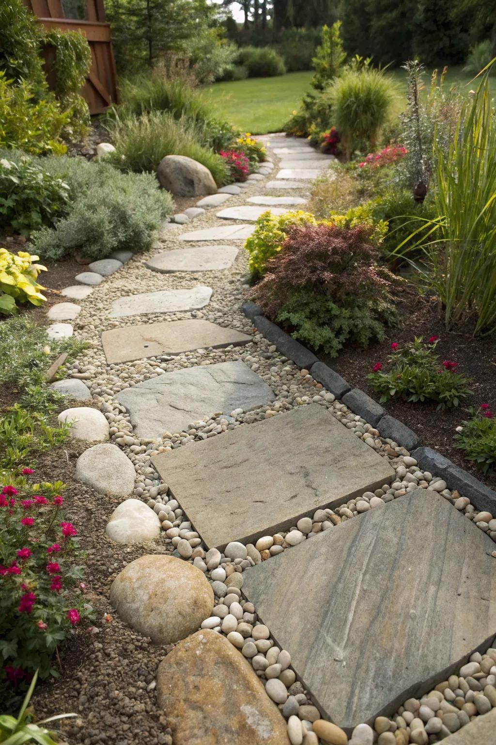 Flagstone path enhanced with gravel for a natural and tidy finish.