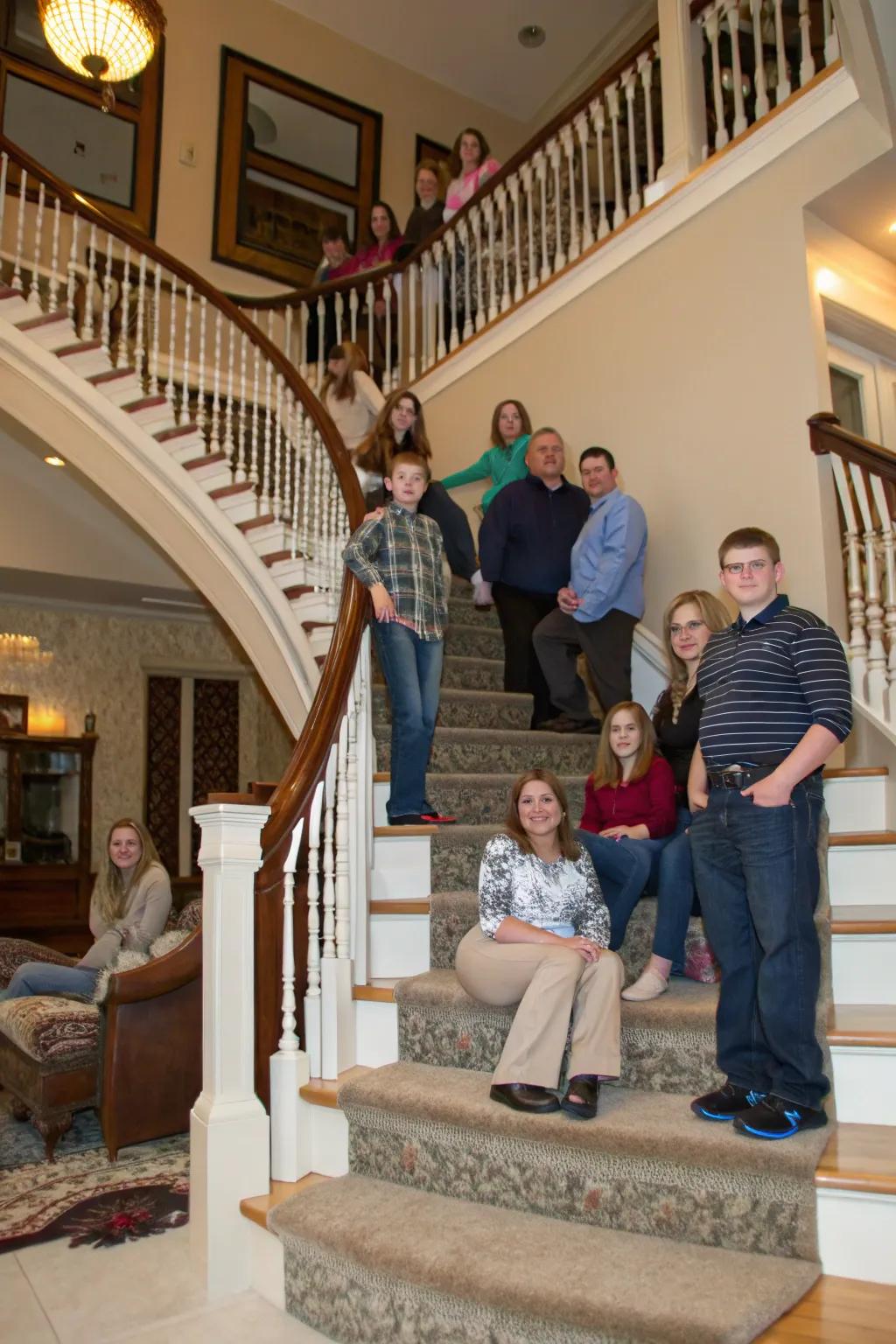 Staircases provide natural levels for artistic family photo arrangements.