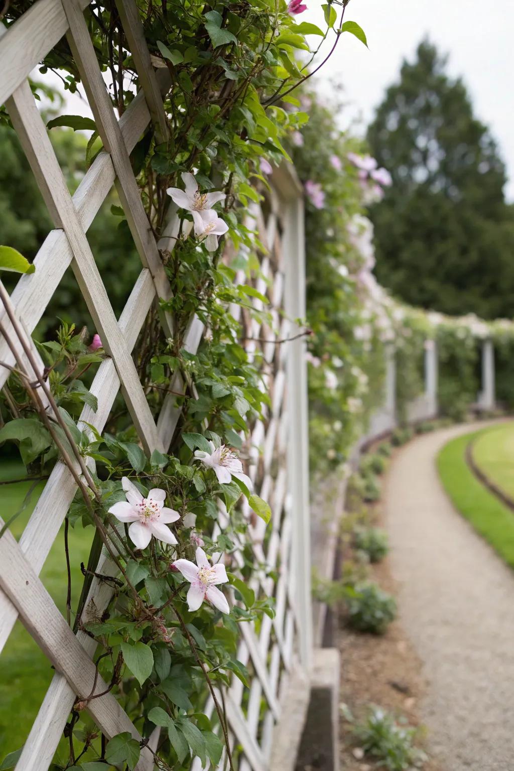 Espaliered clematis create intricate patterns on a structured trellis.