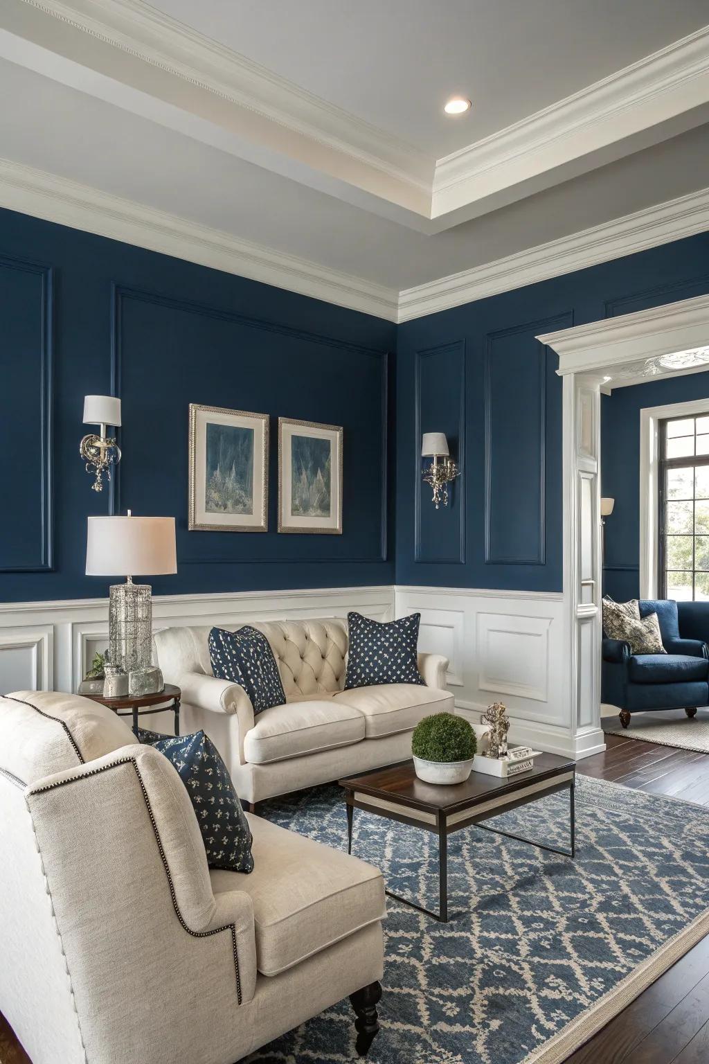 Timeless navy walls paired with crisp white trim for a sophisticated look.
