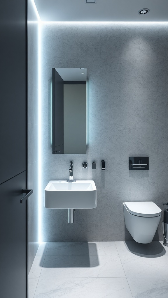 A modern bathroom featuring integrated lighting solutions with sleek design elements.