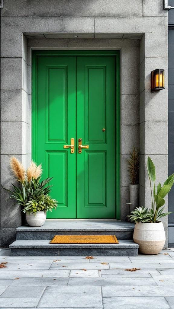 Urban entryway with green doors and potted plants.