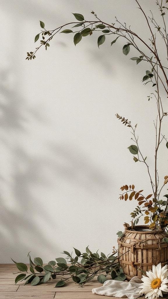 A rustic arrangement of greenery and flowers in a woven basket on a wooden floor.
