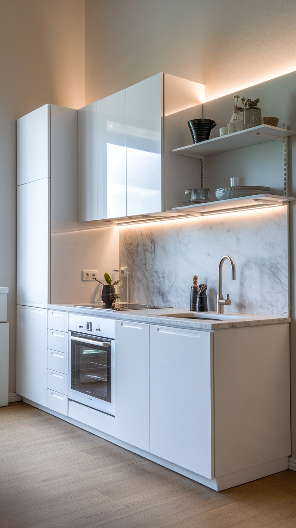 A minimalist mini kitchen featuring white cabinetry, marble backsplash, and under-cabinet lighting.
