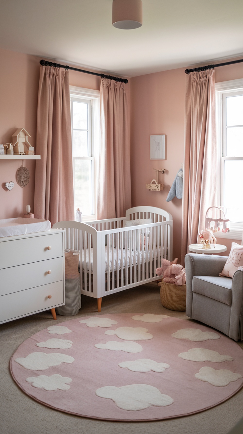 A soft pink nursery featuring white furniture, a crib, and a cozy chair, with playful cloud patterns on the rug.
