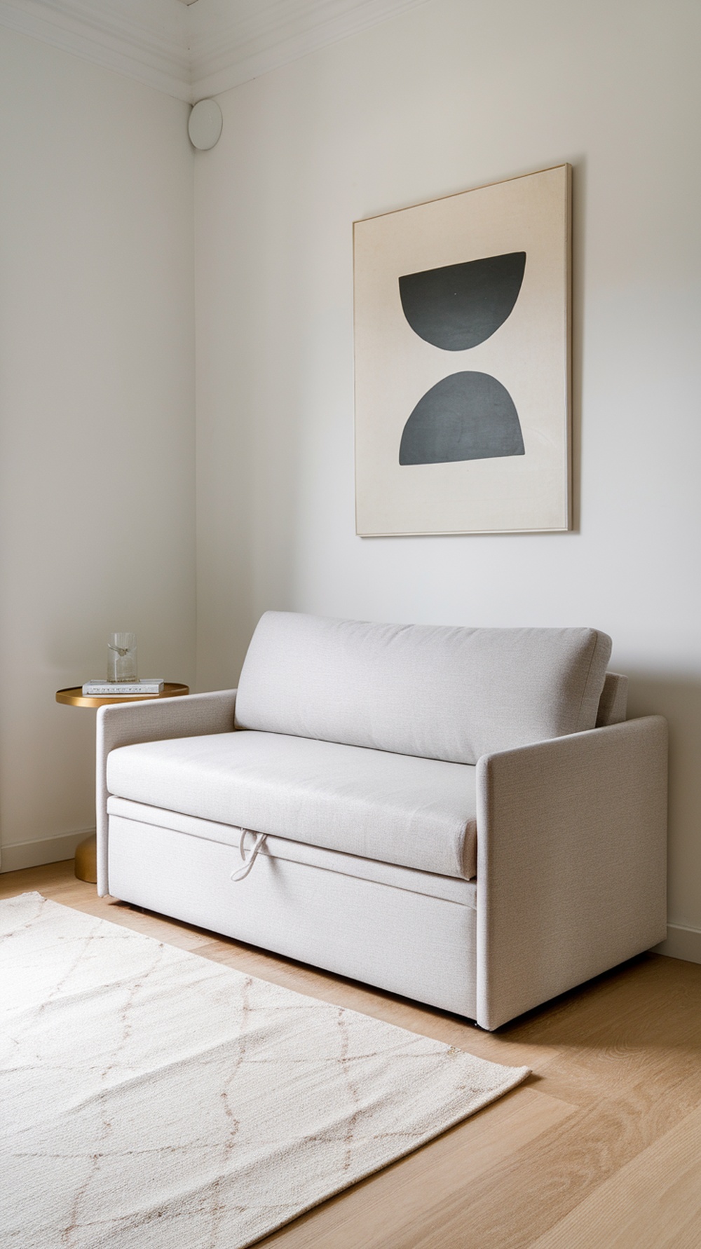 A modern light-colored sleeper sofa in a small guest bedroom with a minimalist design and a side table.