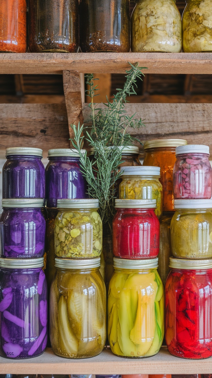 Colorful jars of homemade pickles and ferments on a wooden shelf.