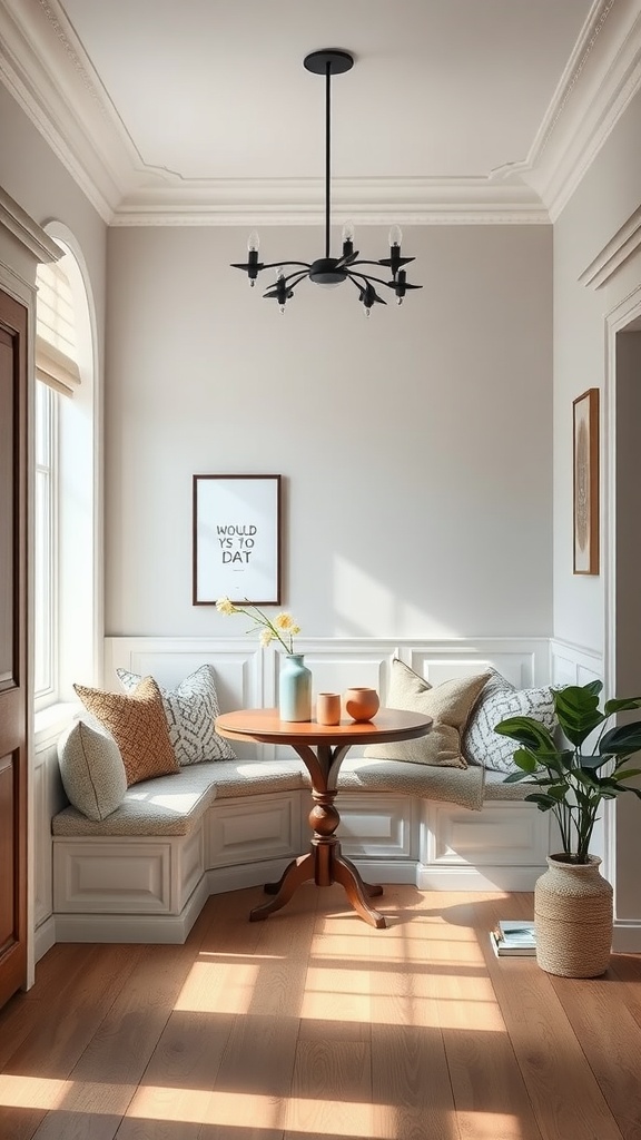 A cozy dining nook featuring built-in seating and a round wooden table, illuminated by natural light.