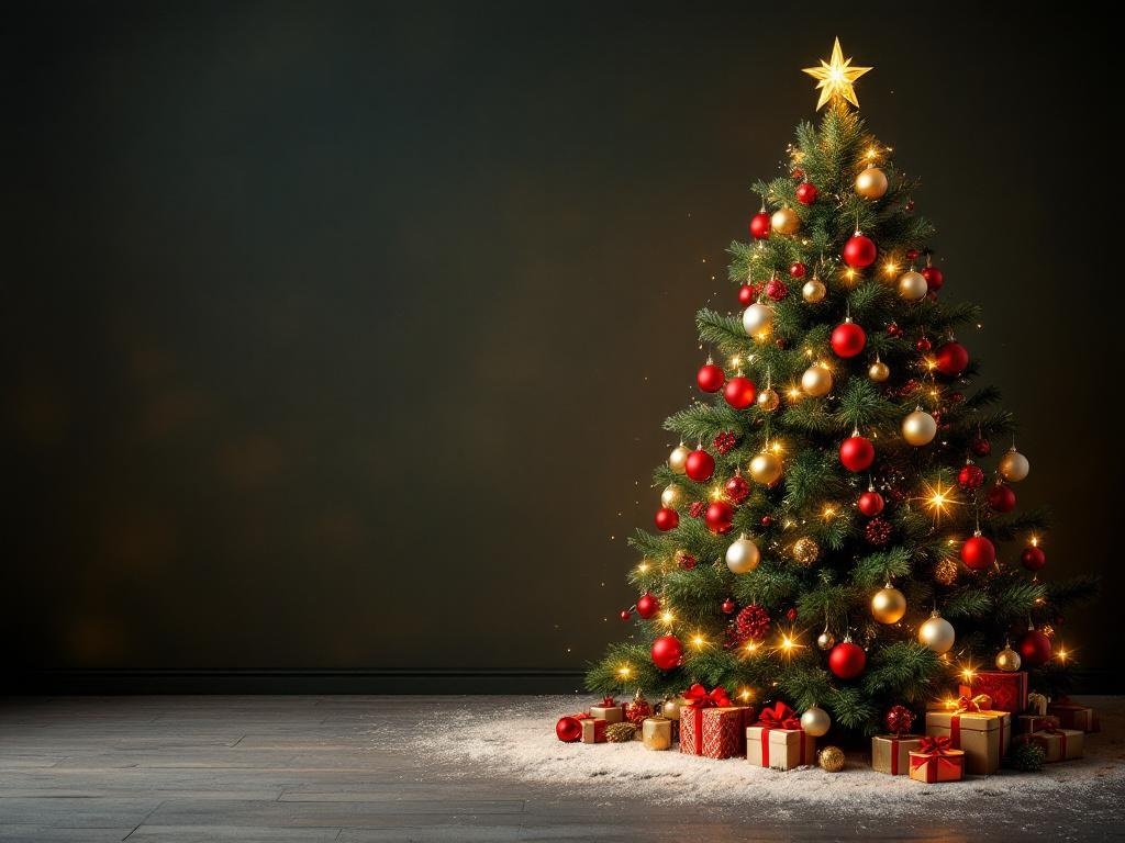A traditional Christmas tree decorated with red and gold ornaments, surrounded by wrapped presents and a snowy base.