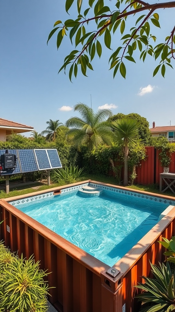 Eco-conscious container pool with solar heating surrounded by lush plants.