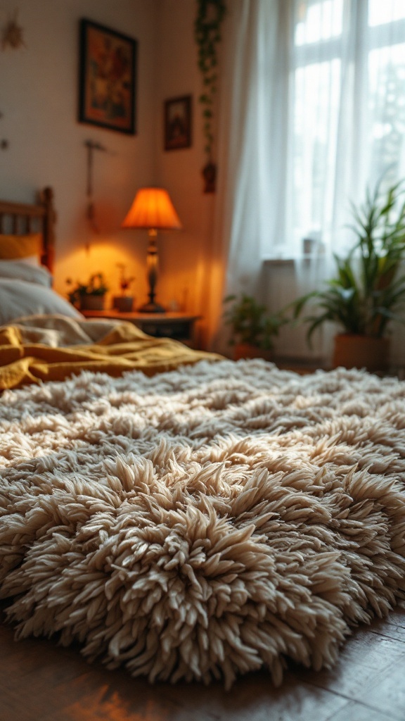 A shaggy beige rug laid on a wooden floor in a cozy bedroom setting.