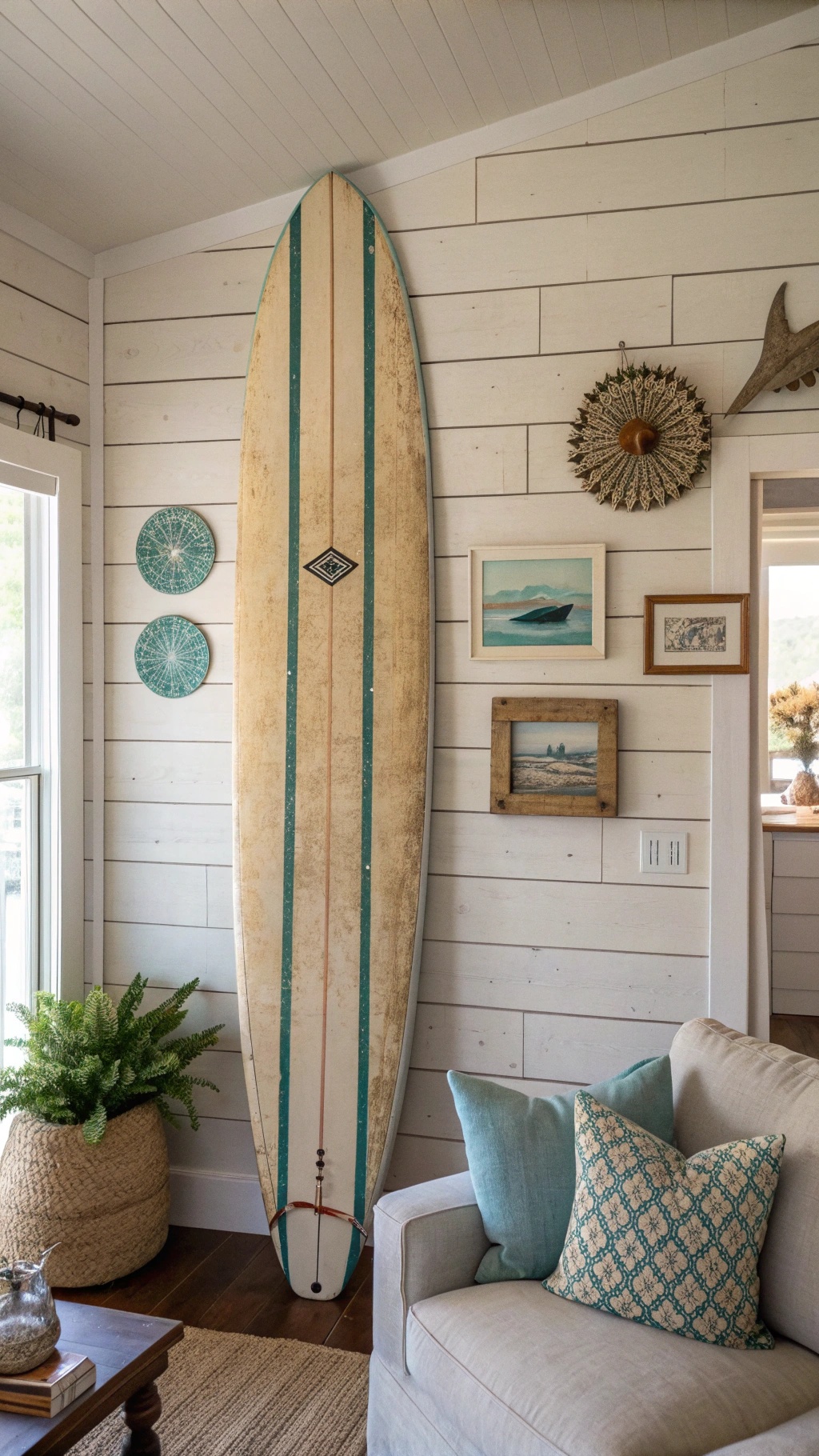 A vintage surfboard displayed on a wall in a coastal living room, surrounded by ocean-themed decor.