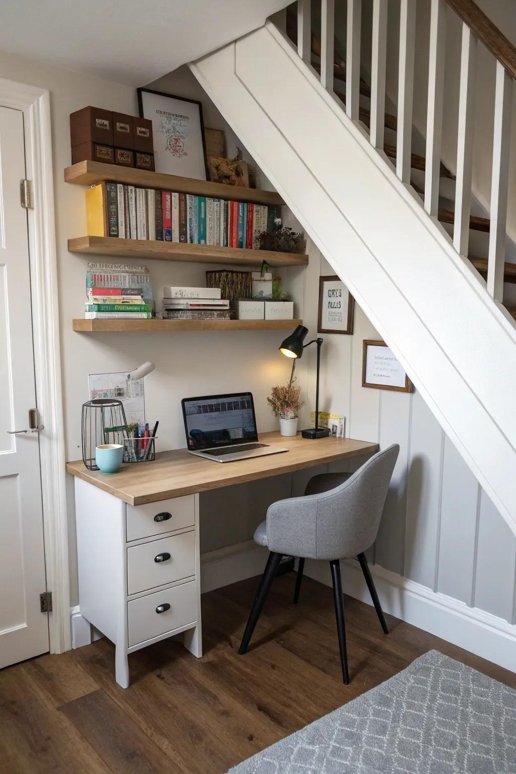 Compact home office setup under the stairs