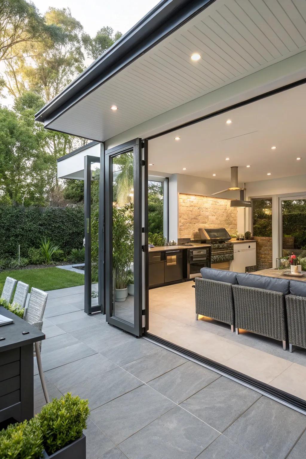 Bi-fold doors seamlessly connect indoor and outdoor cooking areas.