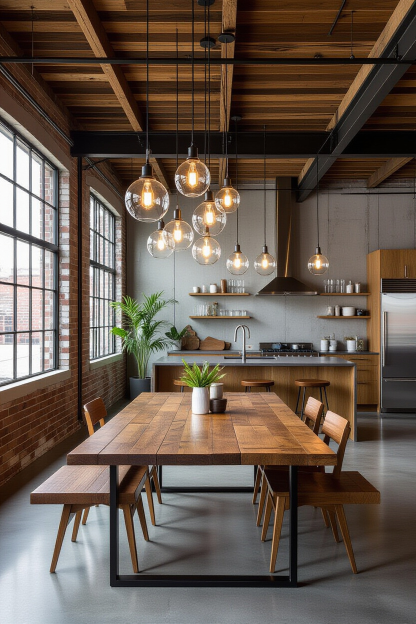industrial pendant lighting over dining table