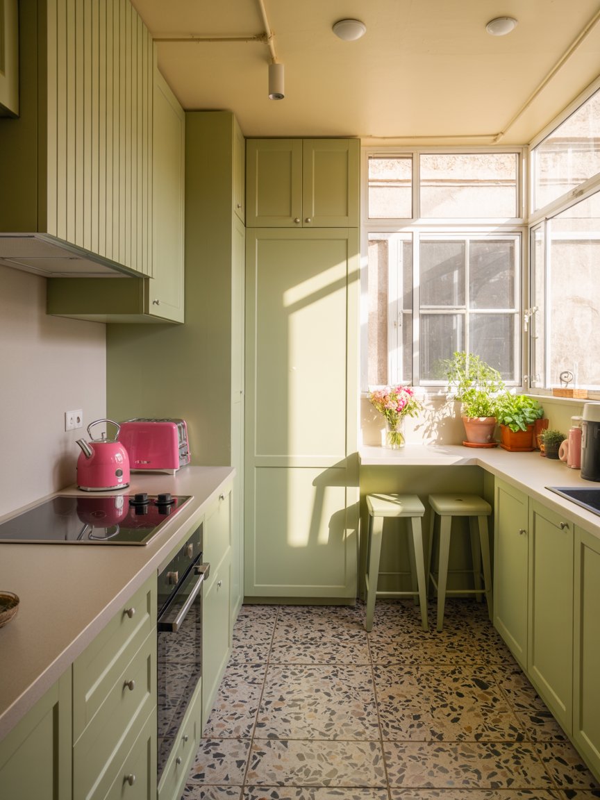 Kitchen with pastel green cabinets