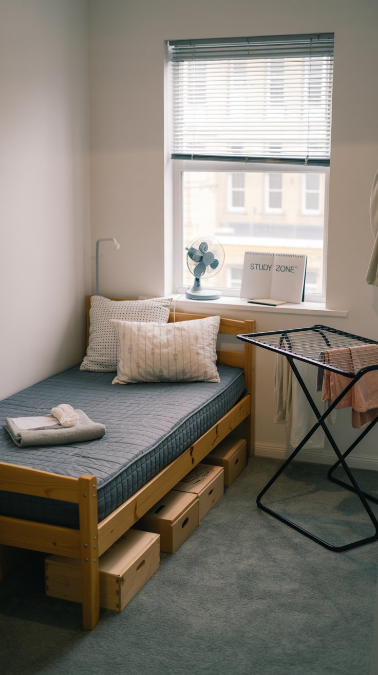 Dorm room featuring under-bed storage
