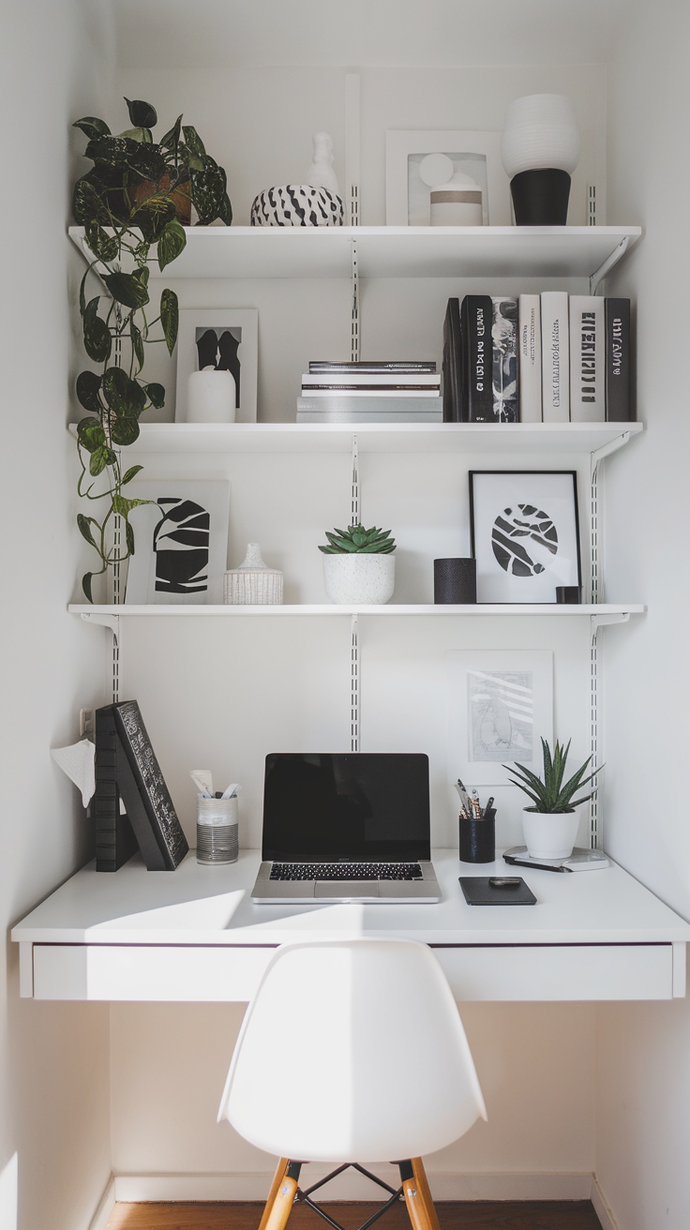 An all-white compact office with a desk, laptop, and decorative shelves featuring plants and books.